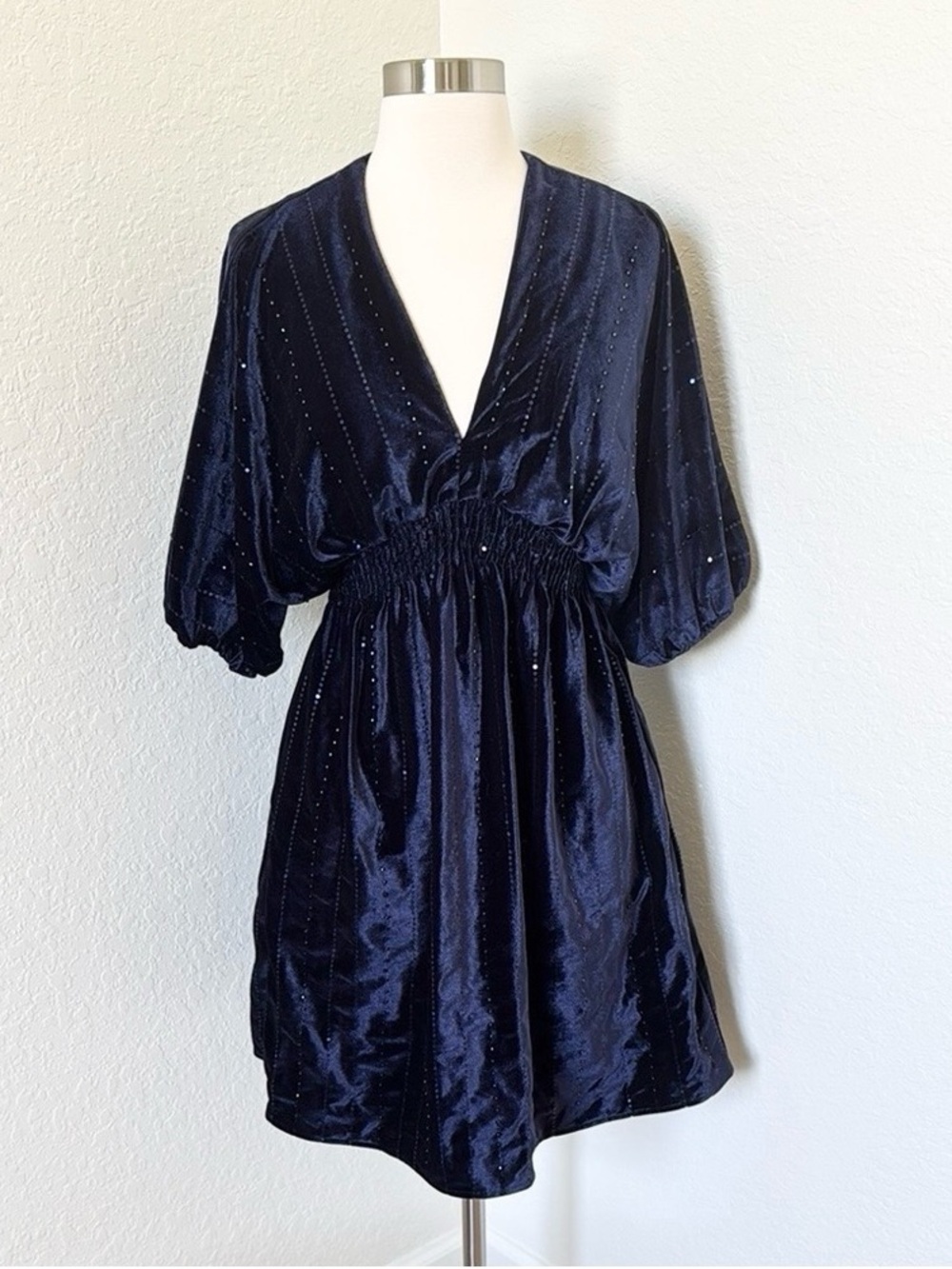 Velvet Navy Deep V Mini Dress with Puff Sleeves